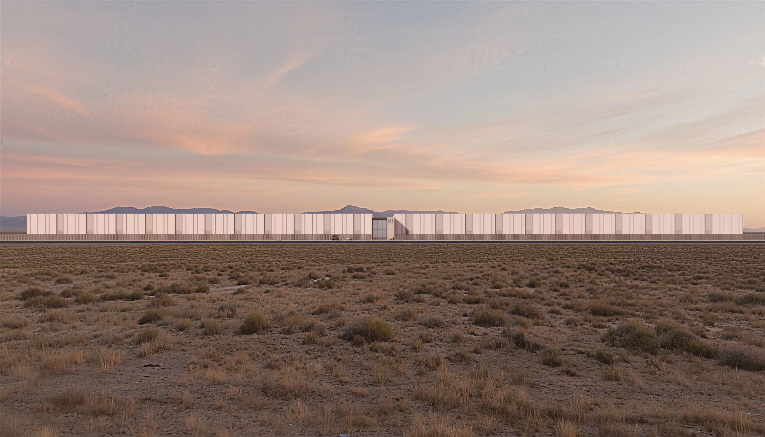 Concept rendering of a long, single-story data center building with light-colored panels, seen across open sagebrush at sunset with mountains behind.